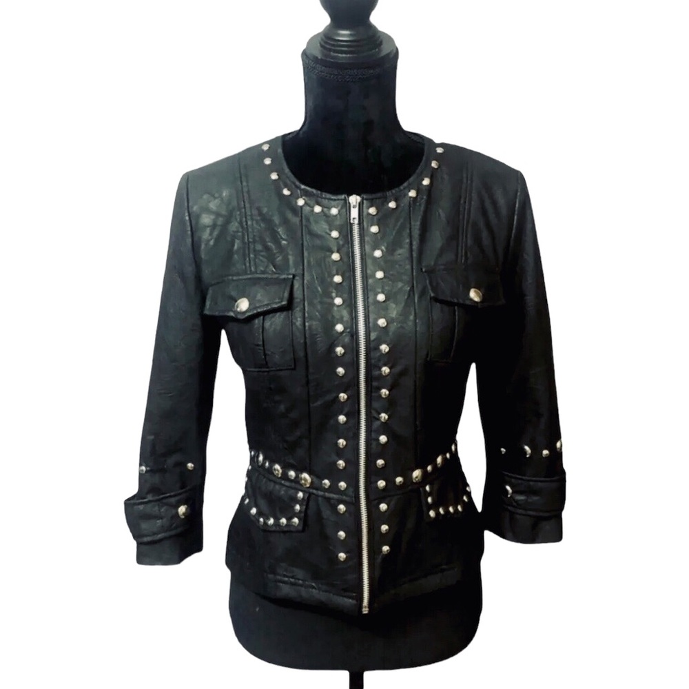 Vintage Sele Faux Leather Moto Jacket Black w/ Silver Embellish Accents Vegan